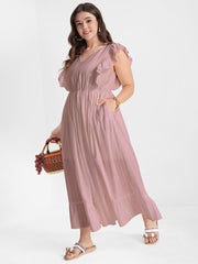 Solid V Neck Ruffles Split Pocket Maxi Dress