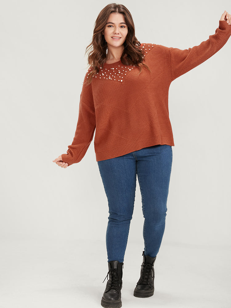 Solid Pointelle Knit Pearls Beaded Knit Top