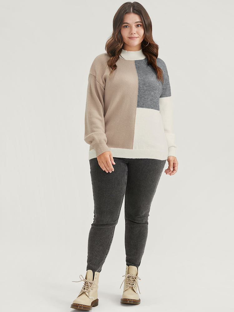 Colorblock Contrast Pointelle Knit Heather Mock Neck Knit Top
