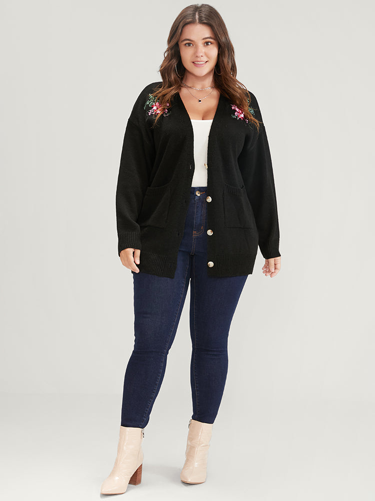 Floral Embroidered Pointelle Knit Pocket Button Front Cardigan