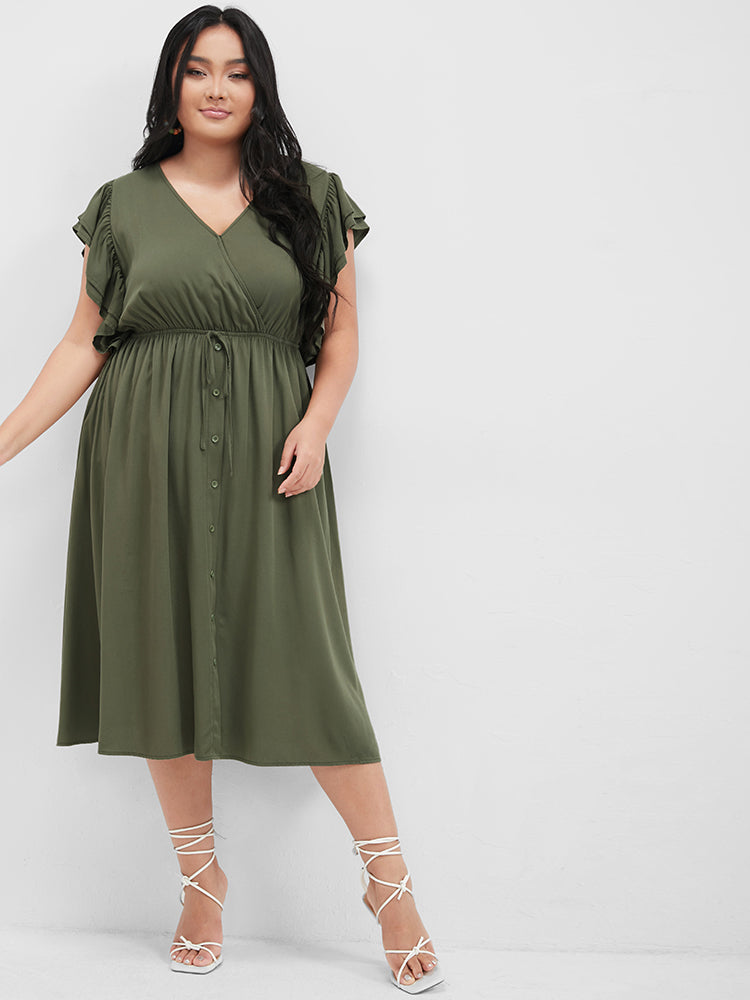 Solid Ruffles Button Ties Pocket Midi Dress