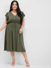 Solid Ruffles Button Ties Pocket Midi Dress