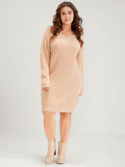 Solid Pointelle Knit Pearls Beaded Round Neck Sweater Dress
