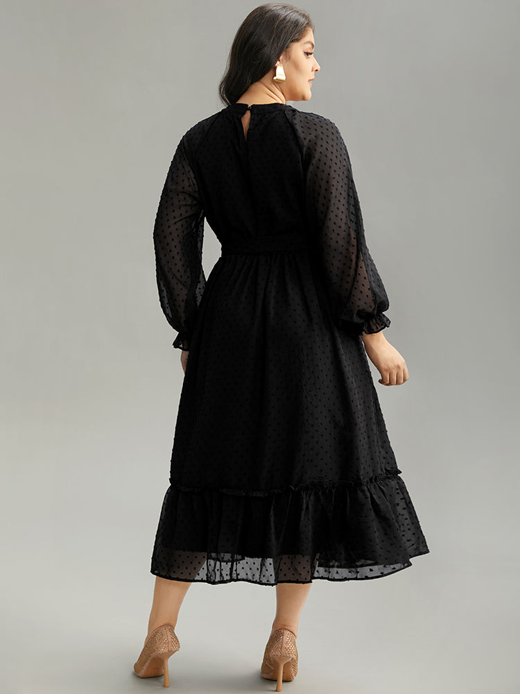 Chiffon Texture Belted Mesh Keyhole Frill Trim Dress