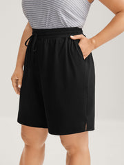Stretchy Slit Drawstring Straight-Leg Shorts