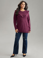 Solid Flutter Trim Plisse Loose Pullover