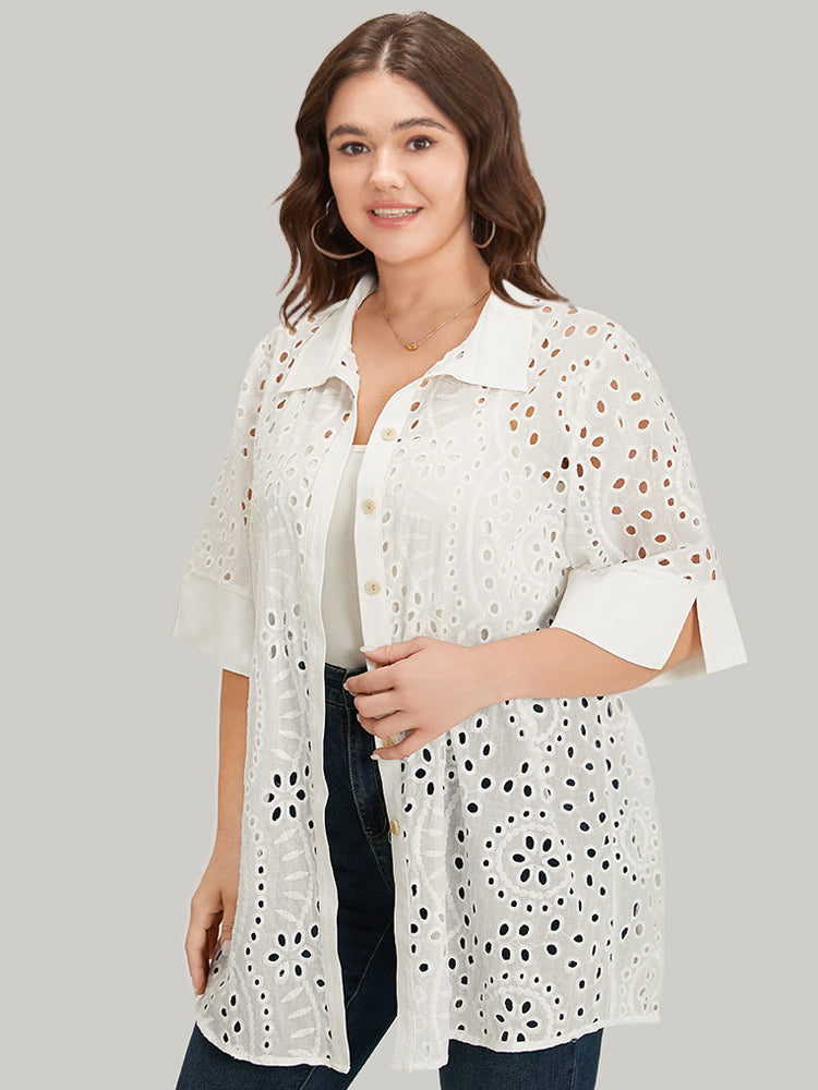 Plain Shirt Collar Broderie Anglaise Open Front Kimono