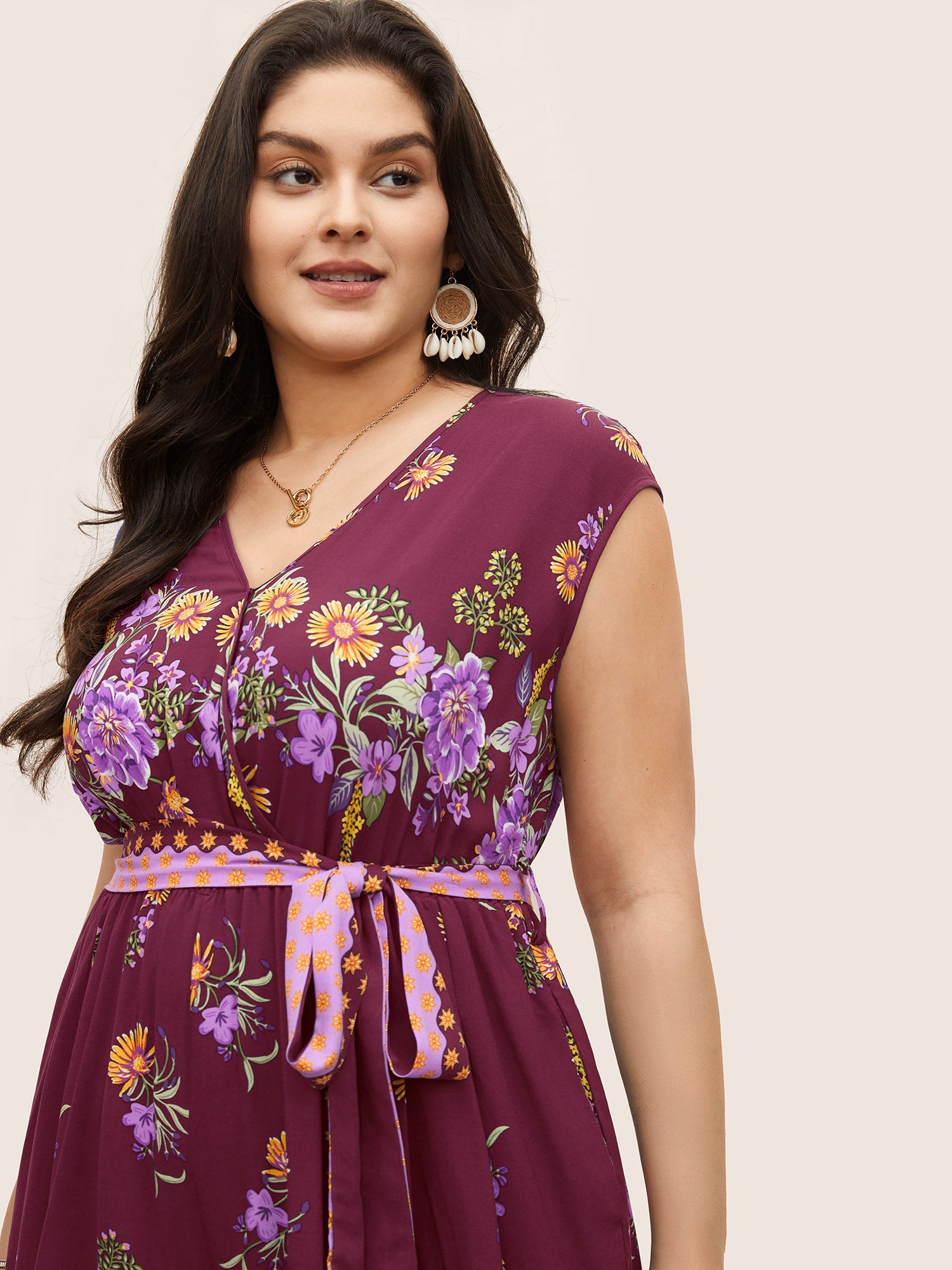 Boho Print Overlap Collar Belted Sleeveless Jumpsuit