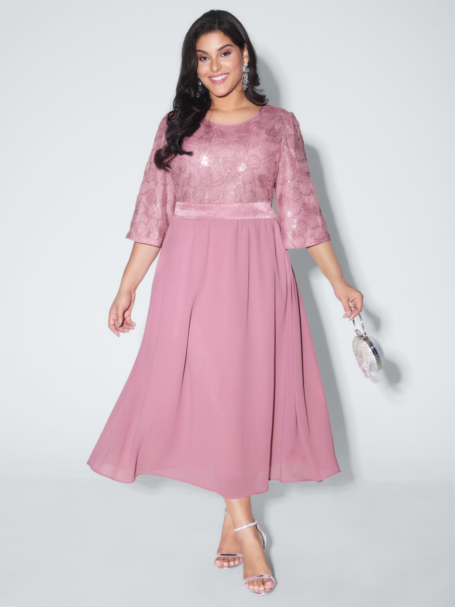 Sequin Floral Tulle Shirred Waist Maxi Dress