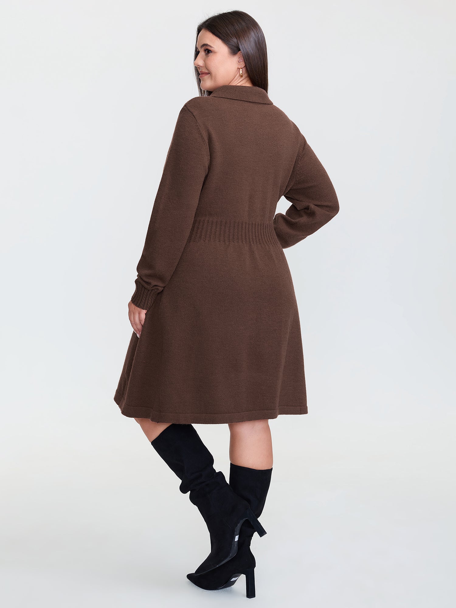 Cinched-Waist Collar Button Sweater Dress