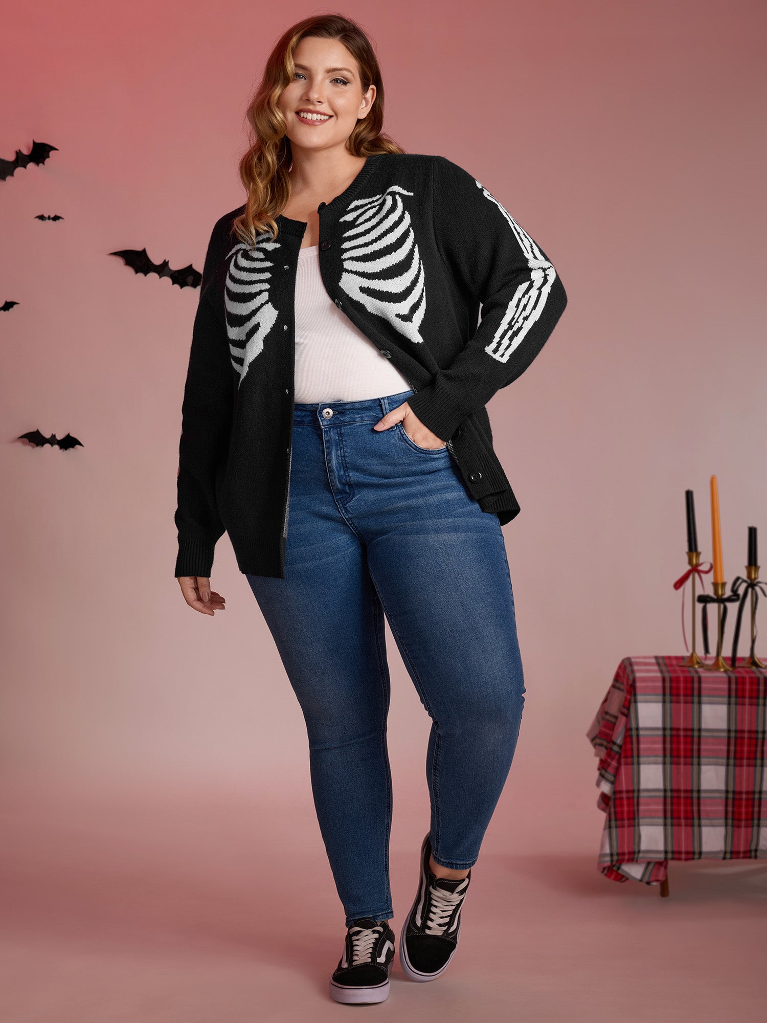 Skeleton Ribcage Print Button Knit Cardigan