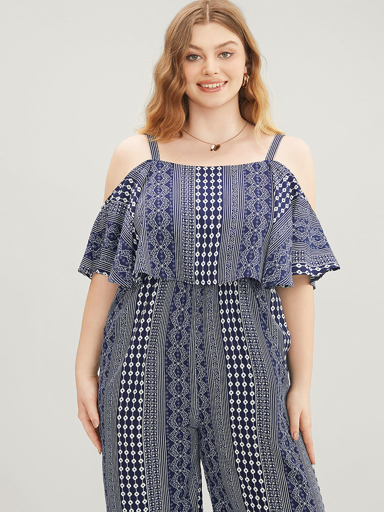 Striped Geometric Pocket Ruffles Cold Shoulder Jumpsuit