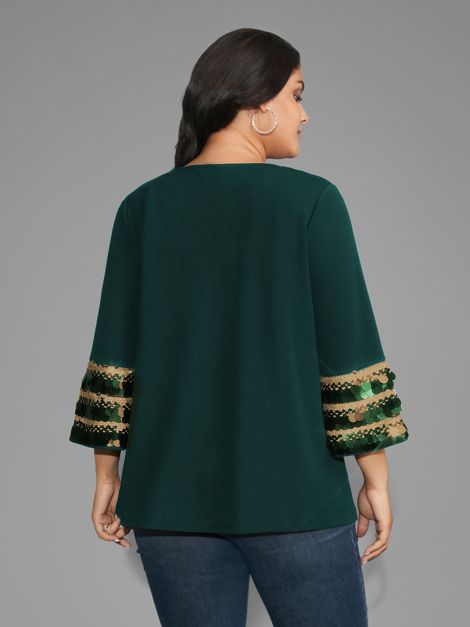 Sequin Patchwork Keyhole Bell Sleeve Blouse
