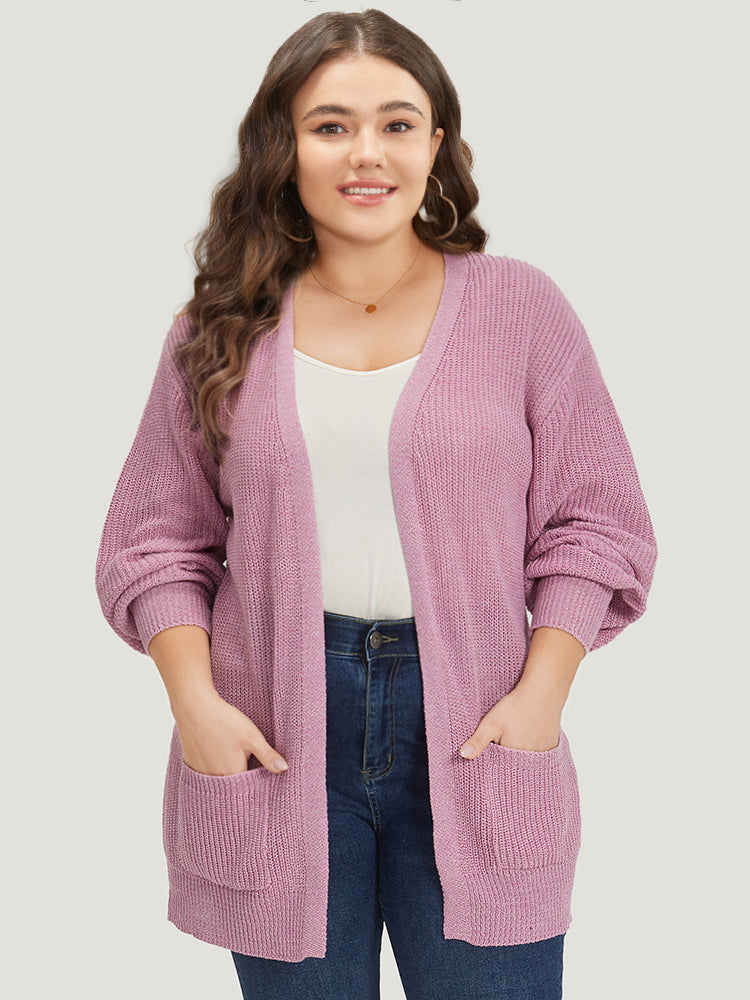 Solid Patched Pocket Lantern Sleeve Open Front Cardigan