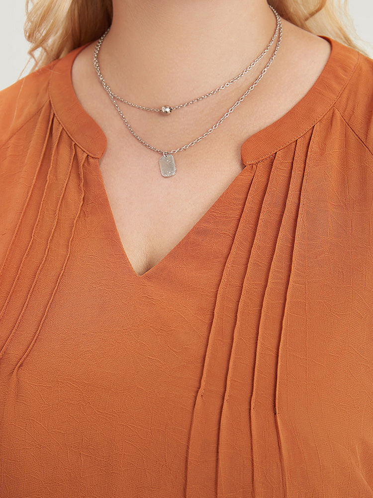 Solid Notched Pleated Mesh Raglan Sleeve Blouse