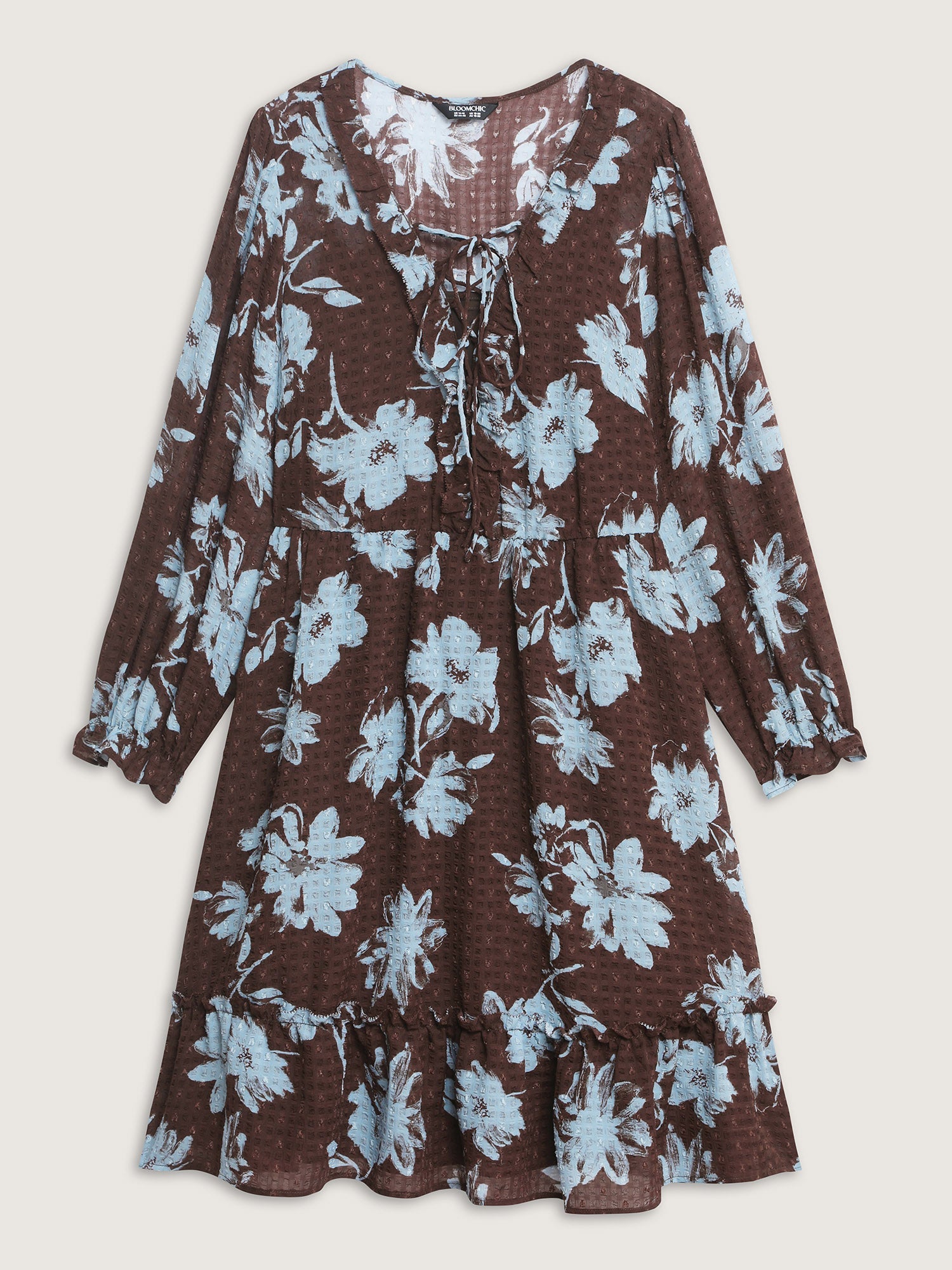 Floral Pattern Textured Drawstring Neck Midi Dress