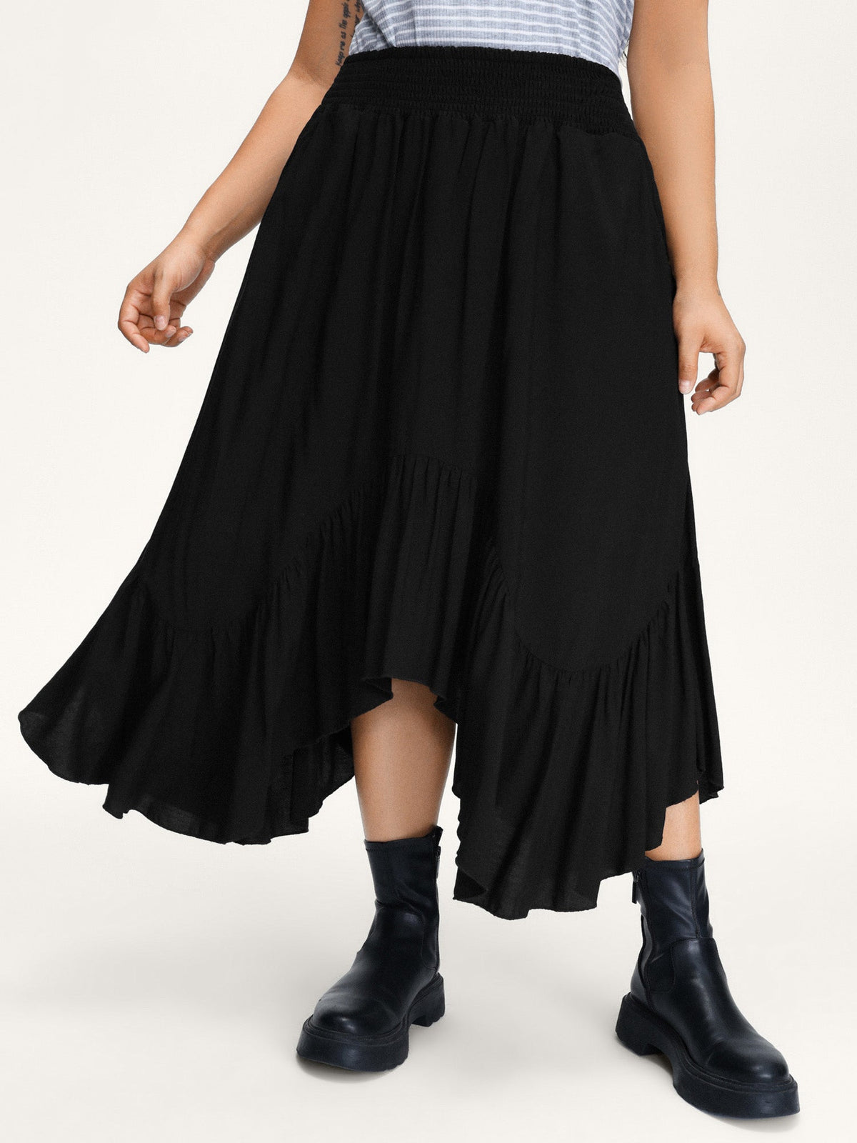 Shirred Wide Waistband Asymmetrical Skirt