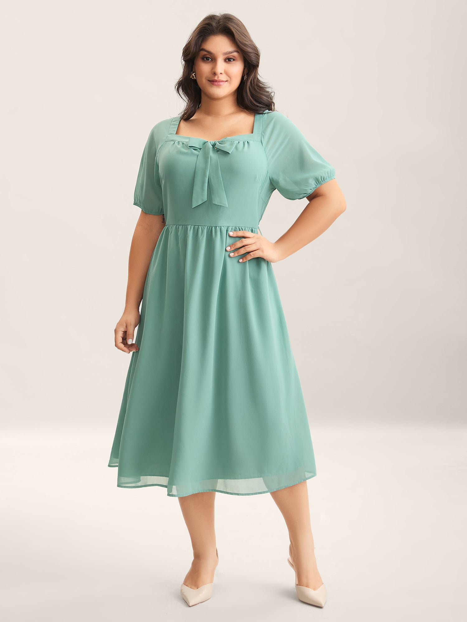 Chiffon Ribbon Collar Waist-Cinched Dress