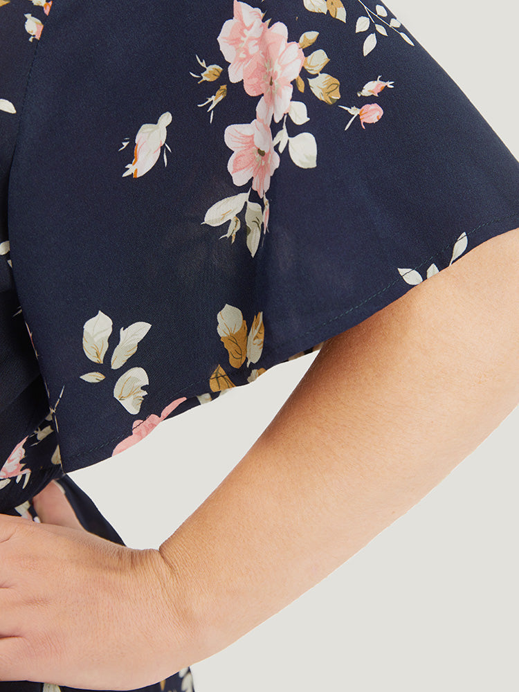 Floral Print Pocket Knot Ruffle Sleeve Wrap Dress