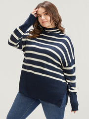 Striped Contrast Pointelle Knit Split Hem Mock Neck Knit Top