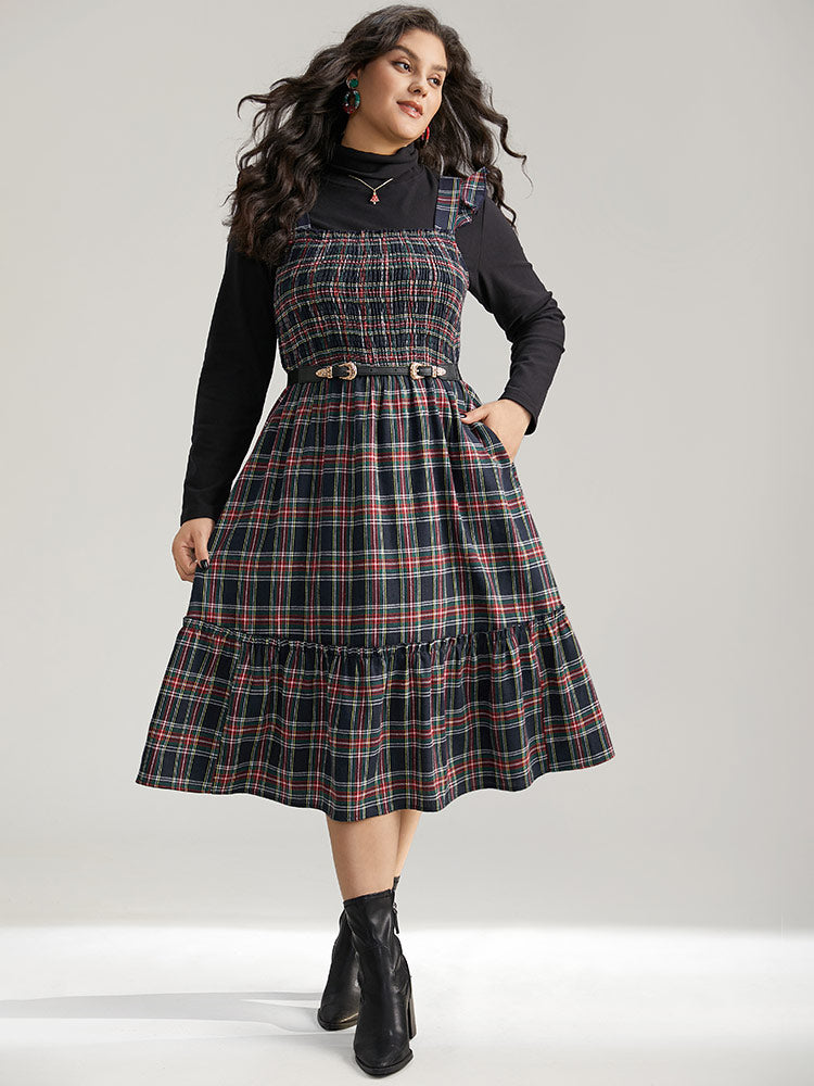 Plaid Ruffle Trim Shirred Spaghetti Strap Dress