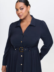 Belted Waist Solid Midi Shirt Dress