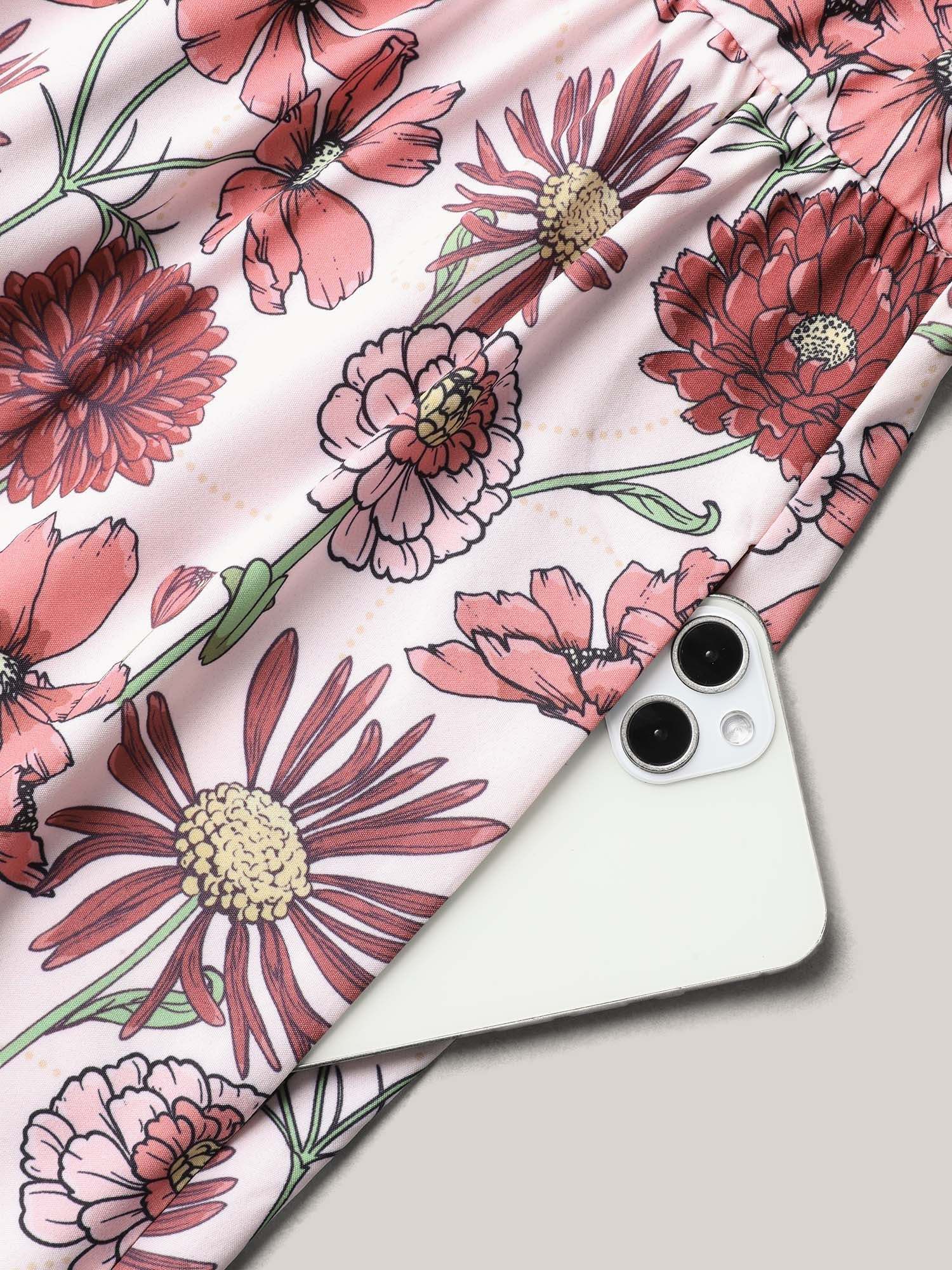 Ruffled Floral Print Stretchy-Waist Midi Dress