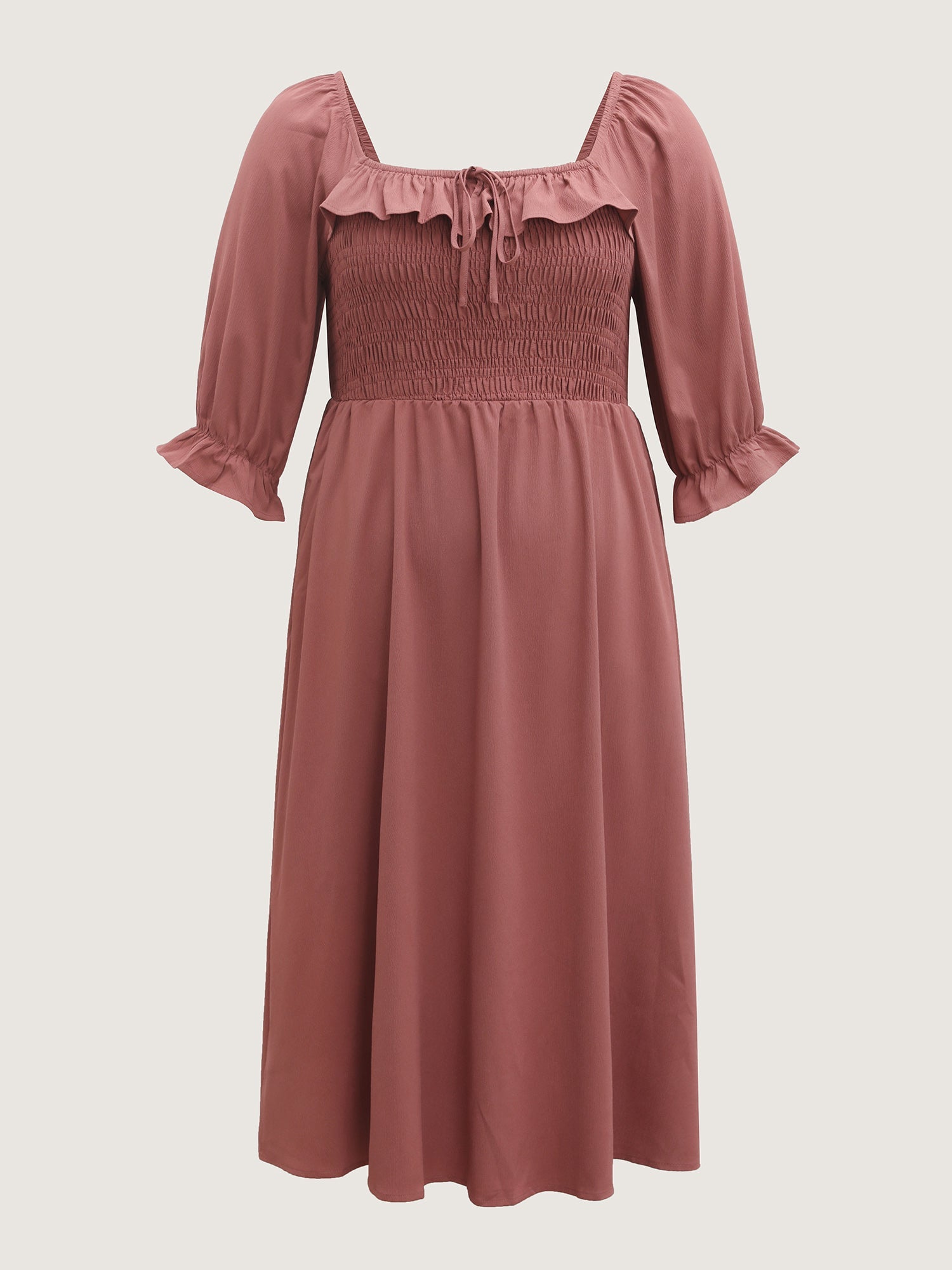 Ruffle Shirred Bodice Pockets Midi Dress