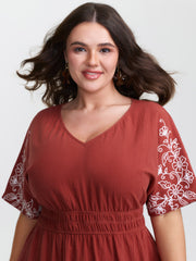 Shirred Waist Embroidered Midi Dress