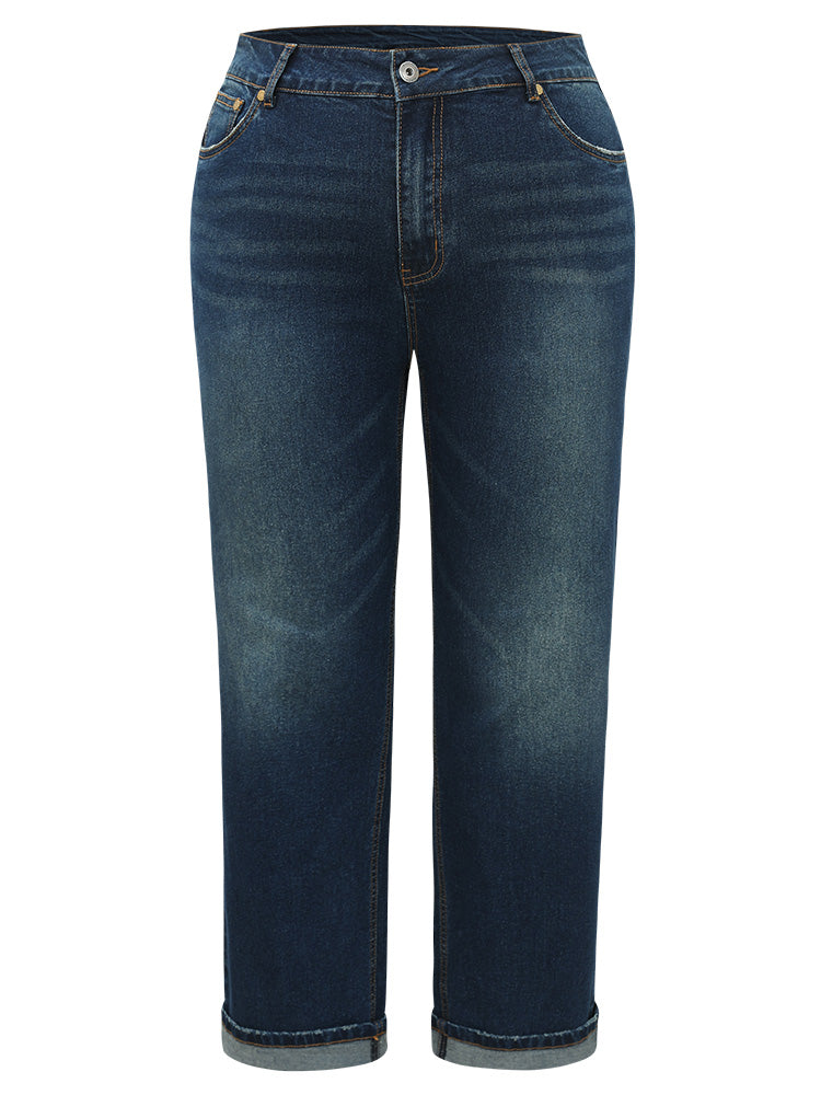 Plain Roll Hem Medium Wash Full Length Jeans