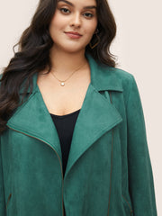Solid Faux Suede Zipper Lapel Collar Jacket