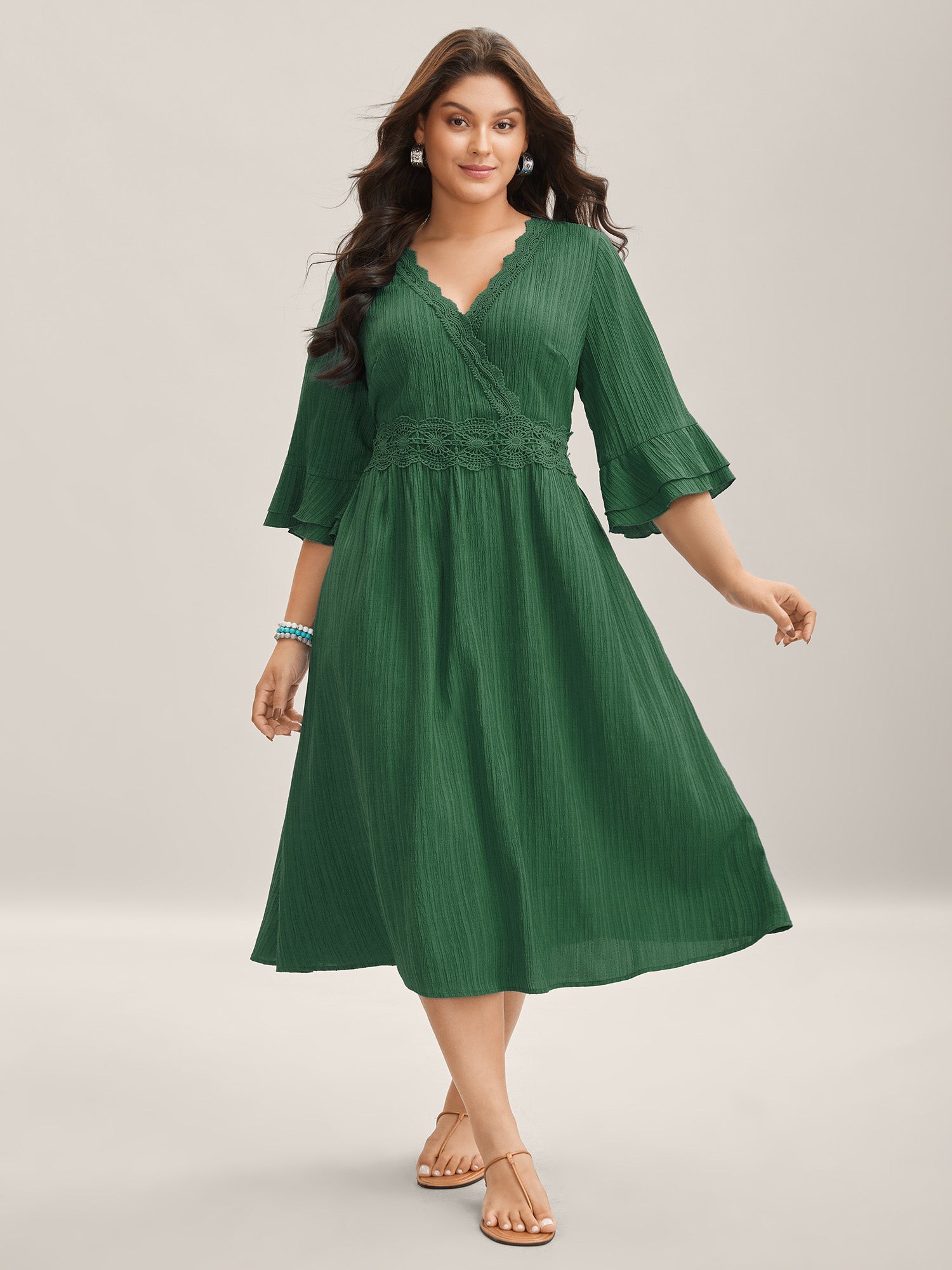 Scalloped Lace Surplice Ruffled Midi Dress