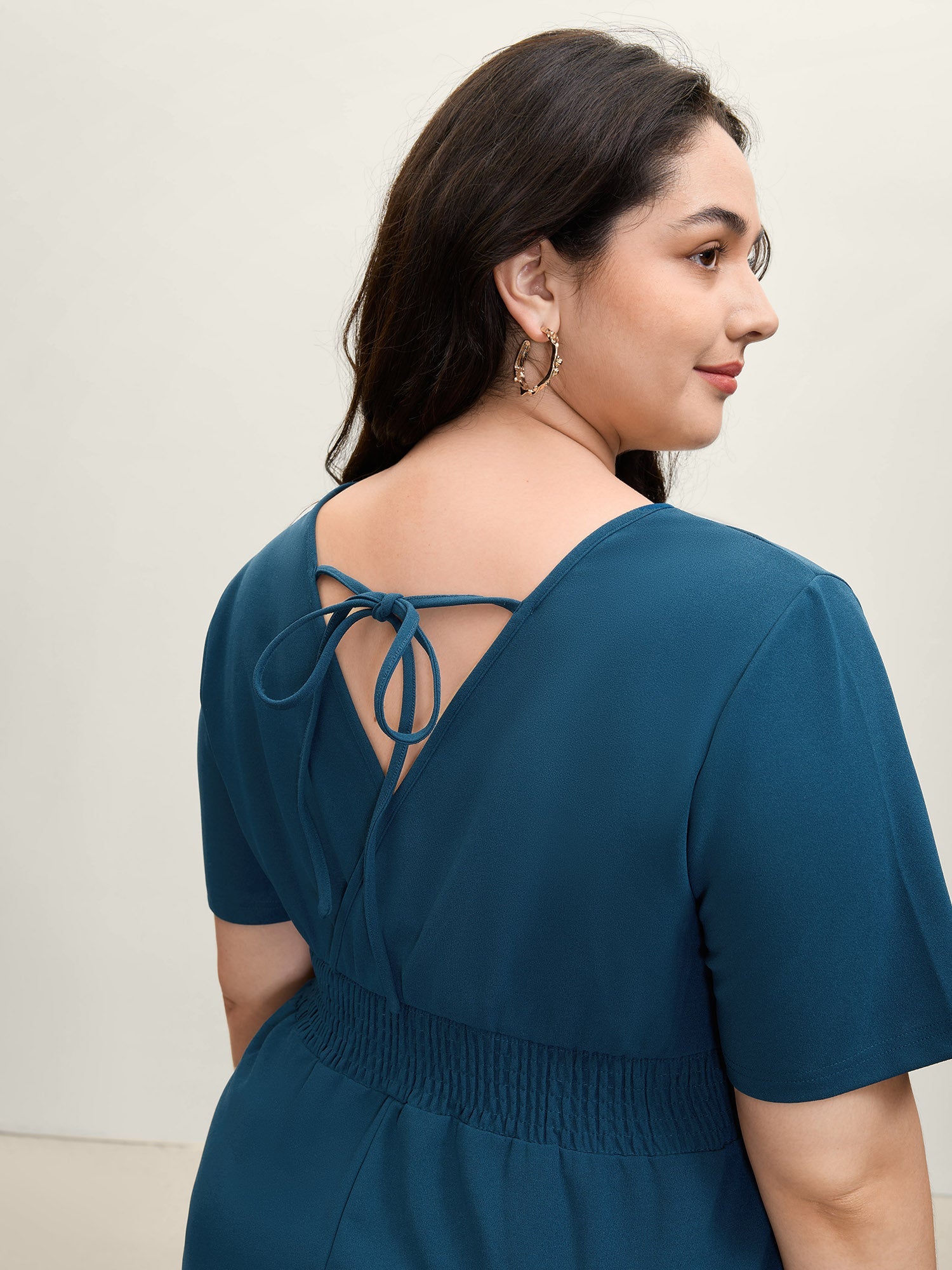 Shirred Waist Surplice Wide-Leg Jumpsuit