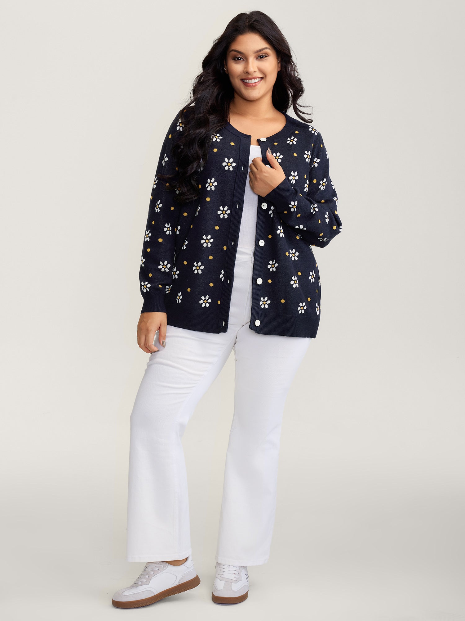 Floral Polka Dot Print Button Knit Cardigan