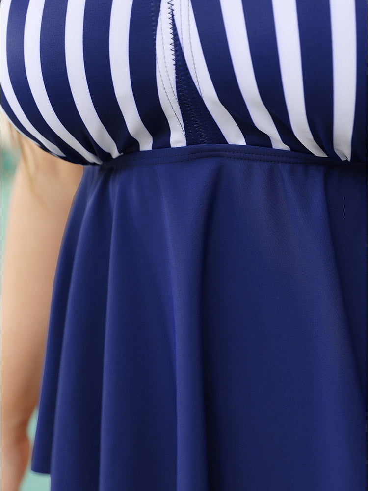 Striped Contrast Crossover Ruffle Hem Tankini Top