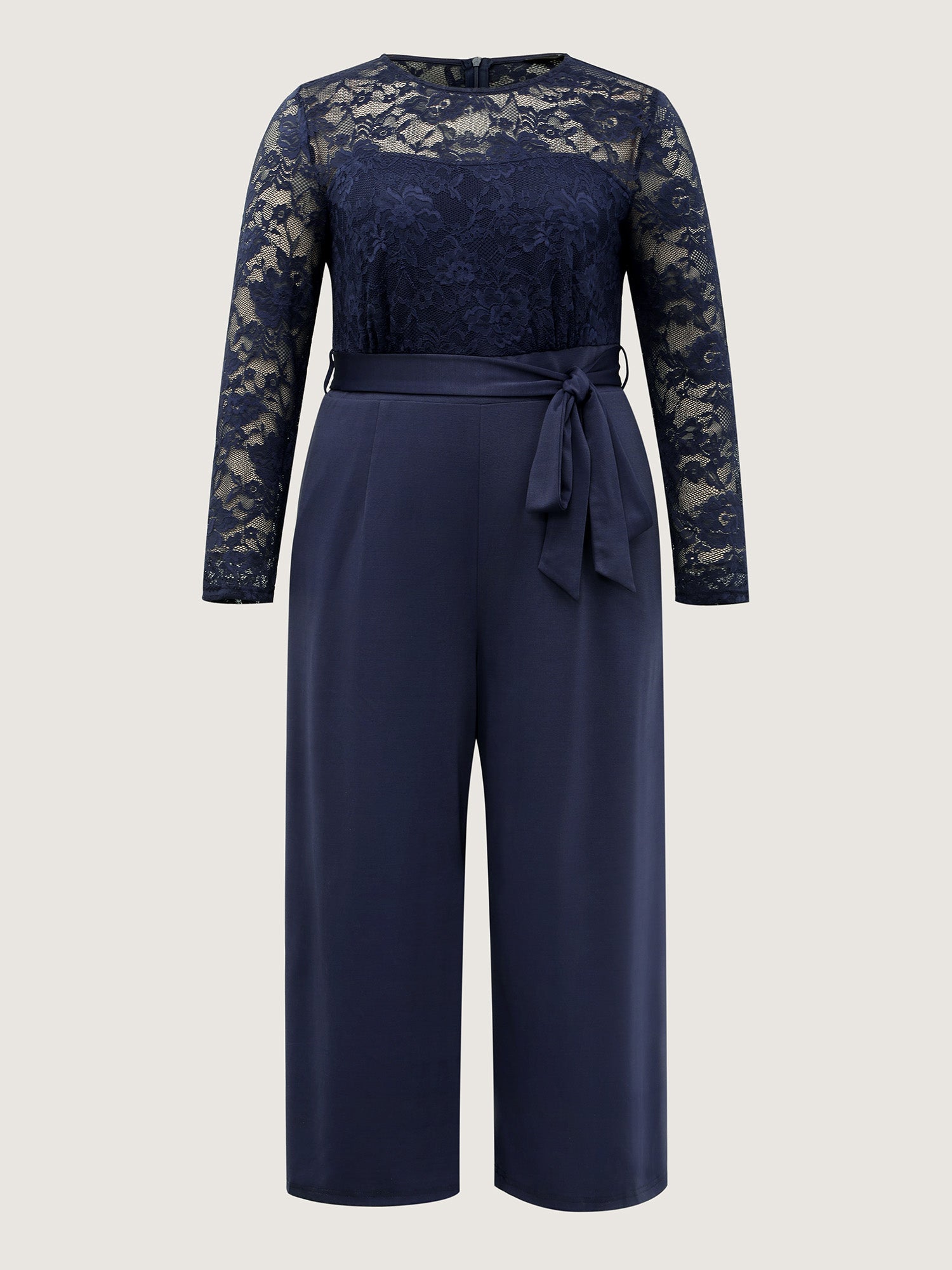 Sheer Lace Trim Belted Pockets Jumpsuit