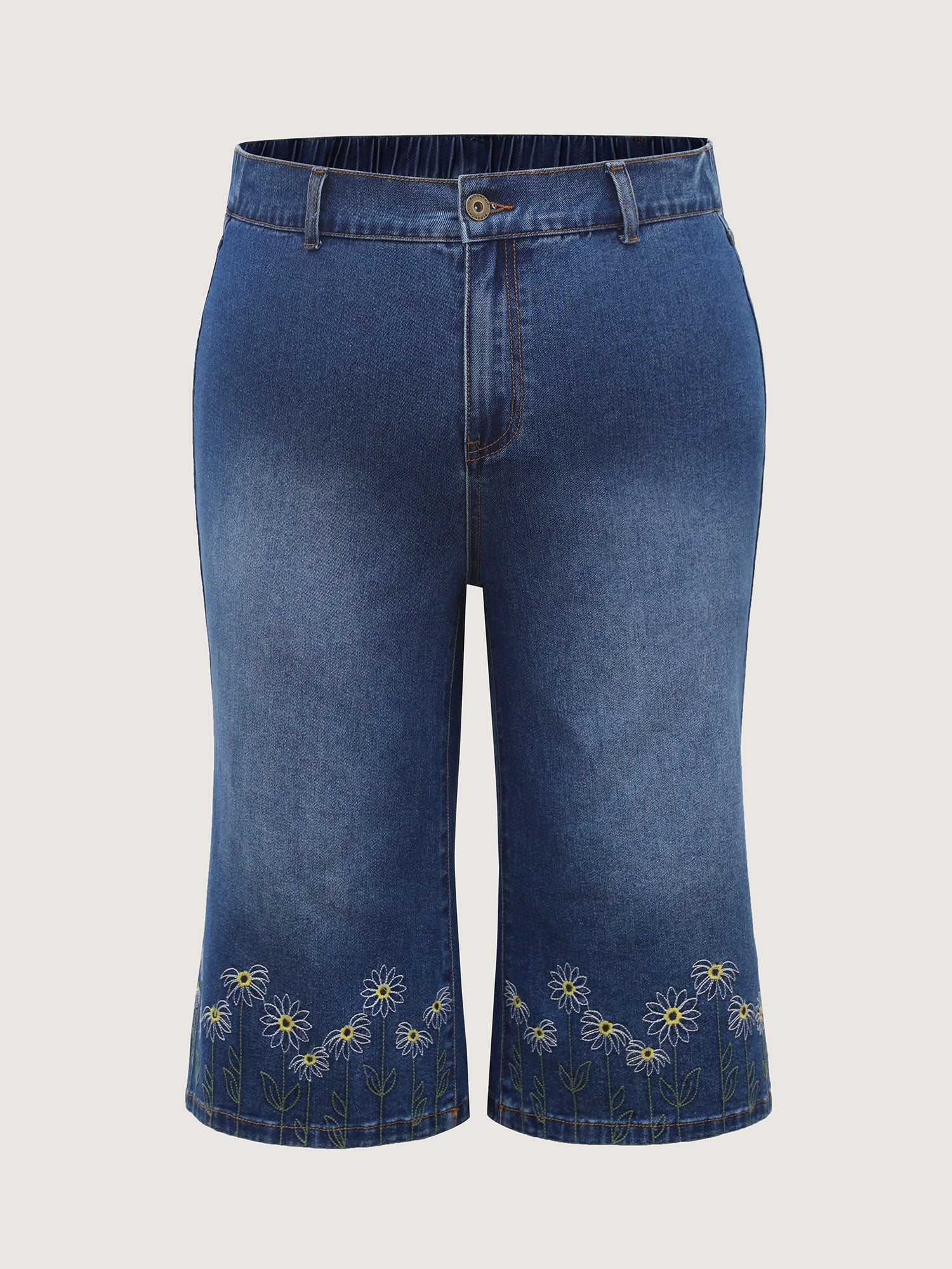 Floral Embroidered Elastic Waist Cropped Jeans