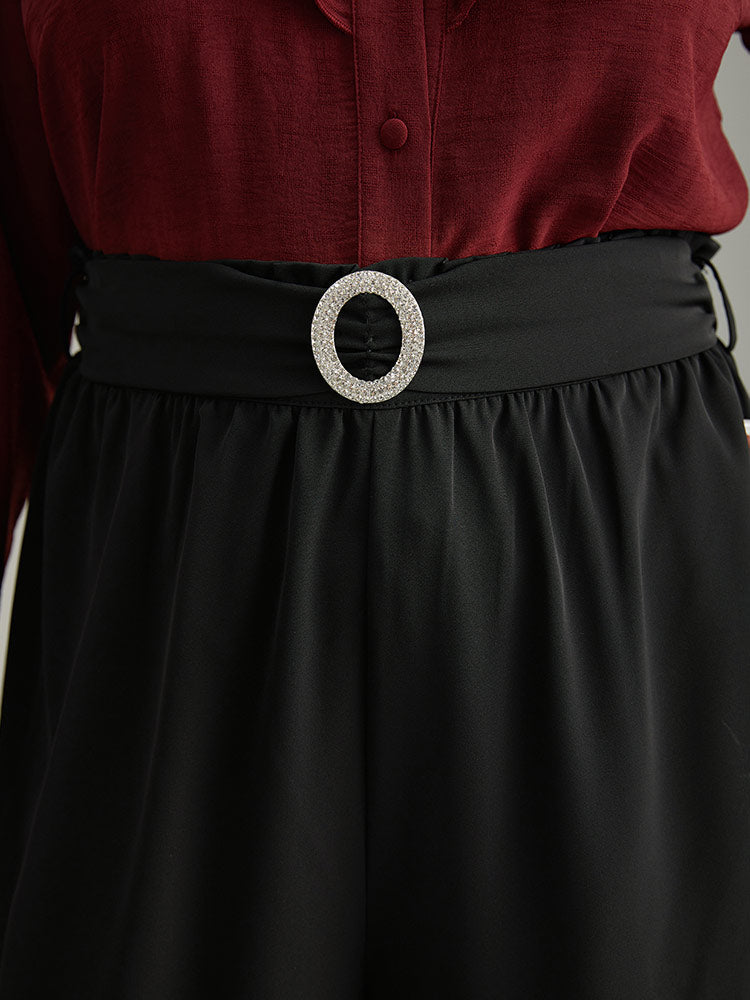 Static-Free Solid Glitter Buckle Detail Belted Pants