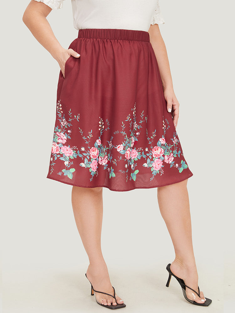 Floral Print Pocket Flutter Hem Skirt