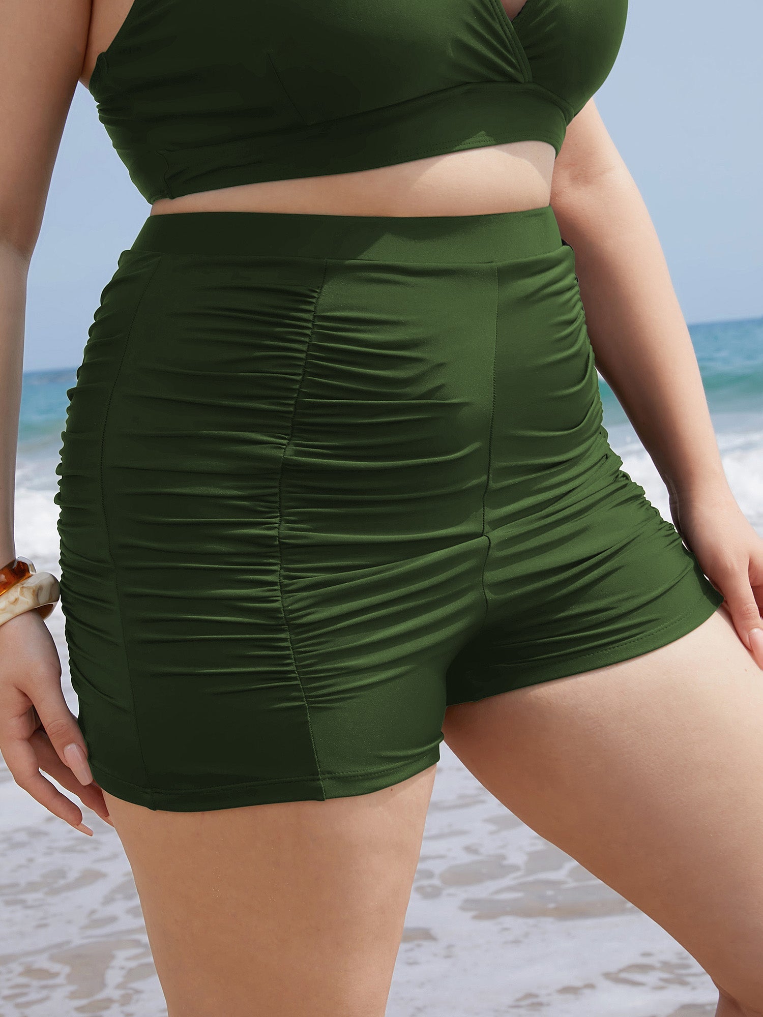 Solid High Waist Ruched Detail Swim Shorts