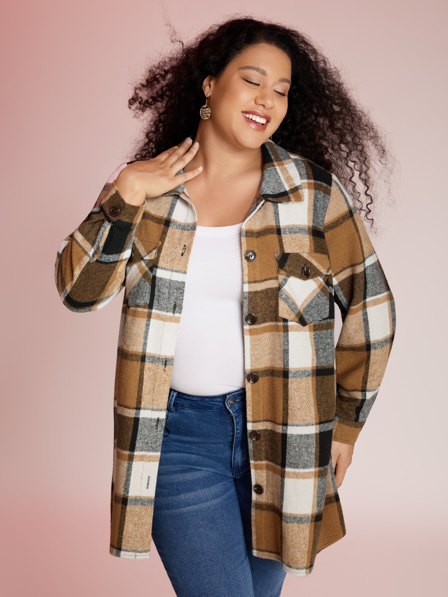 Plaid Chest Pockets Long Jacket