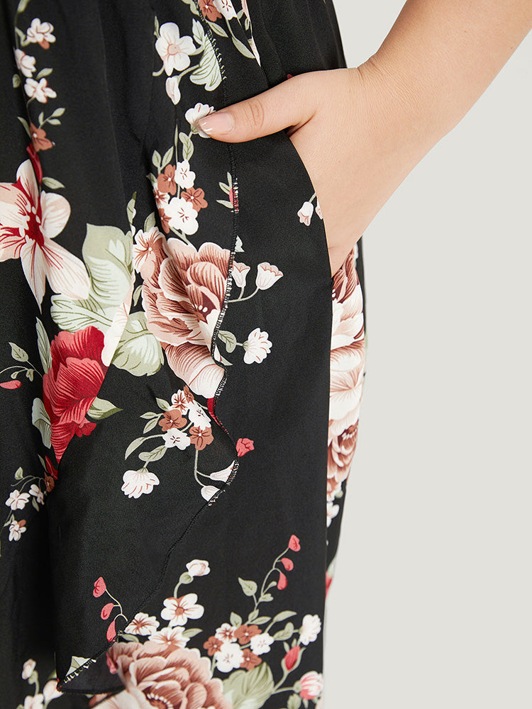 Floral Print Pocket Asymmetrical Hem Cold Shoulder Dress