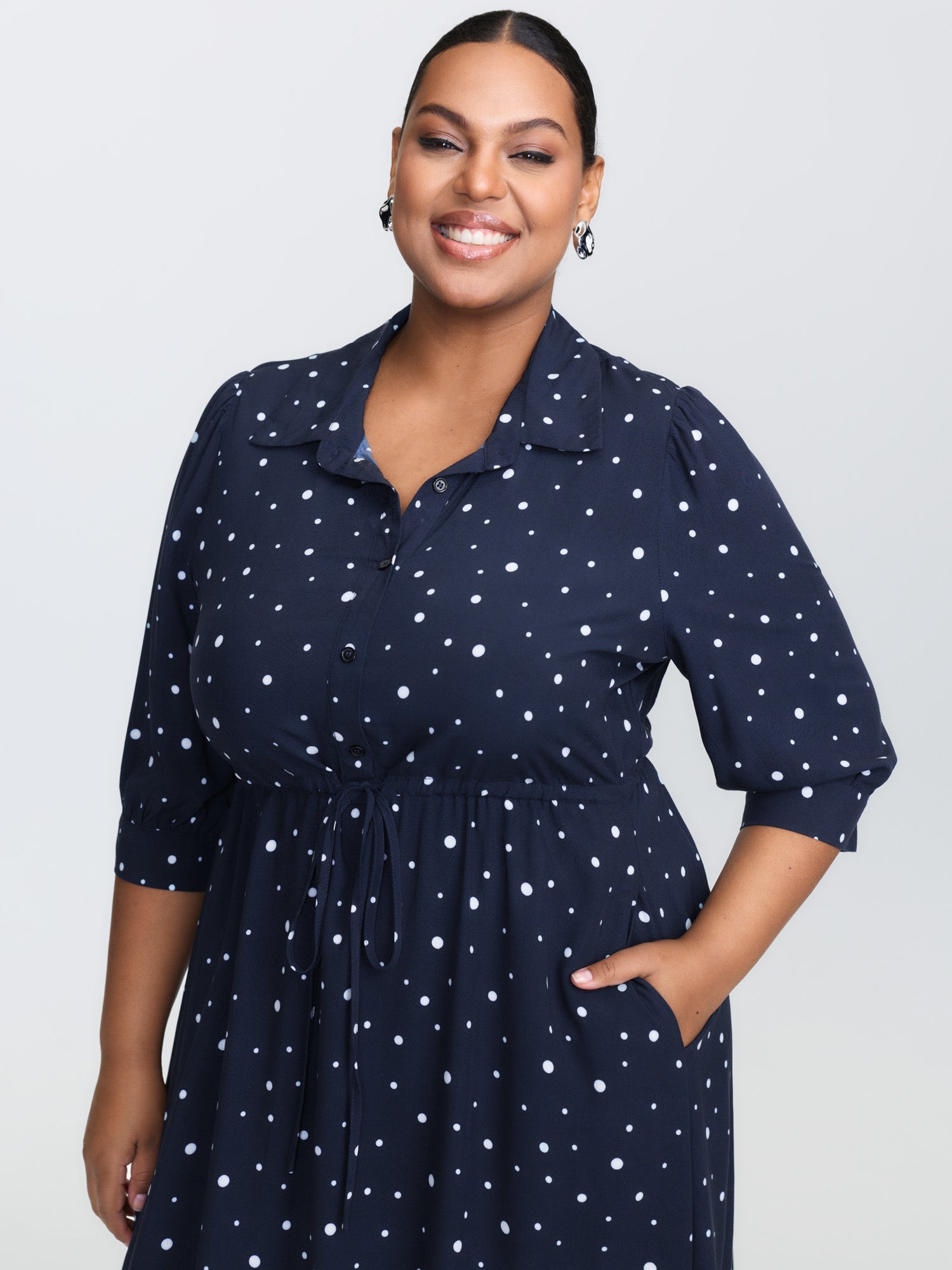 Asymmetrical Polka Dots Drawstring Midi Dress