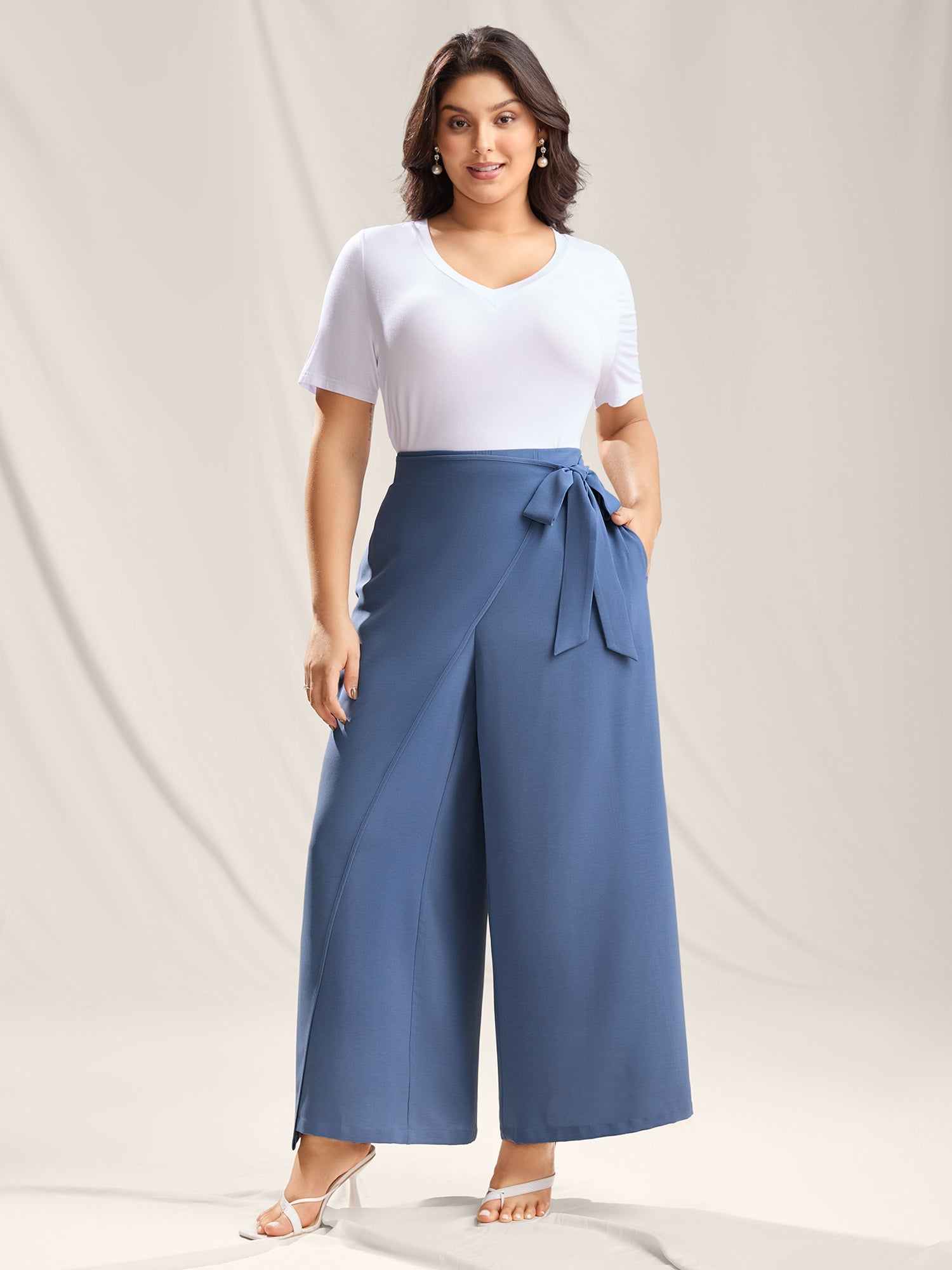 Belted Wrap Detail Wide-Leg Pants
