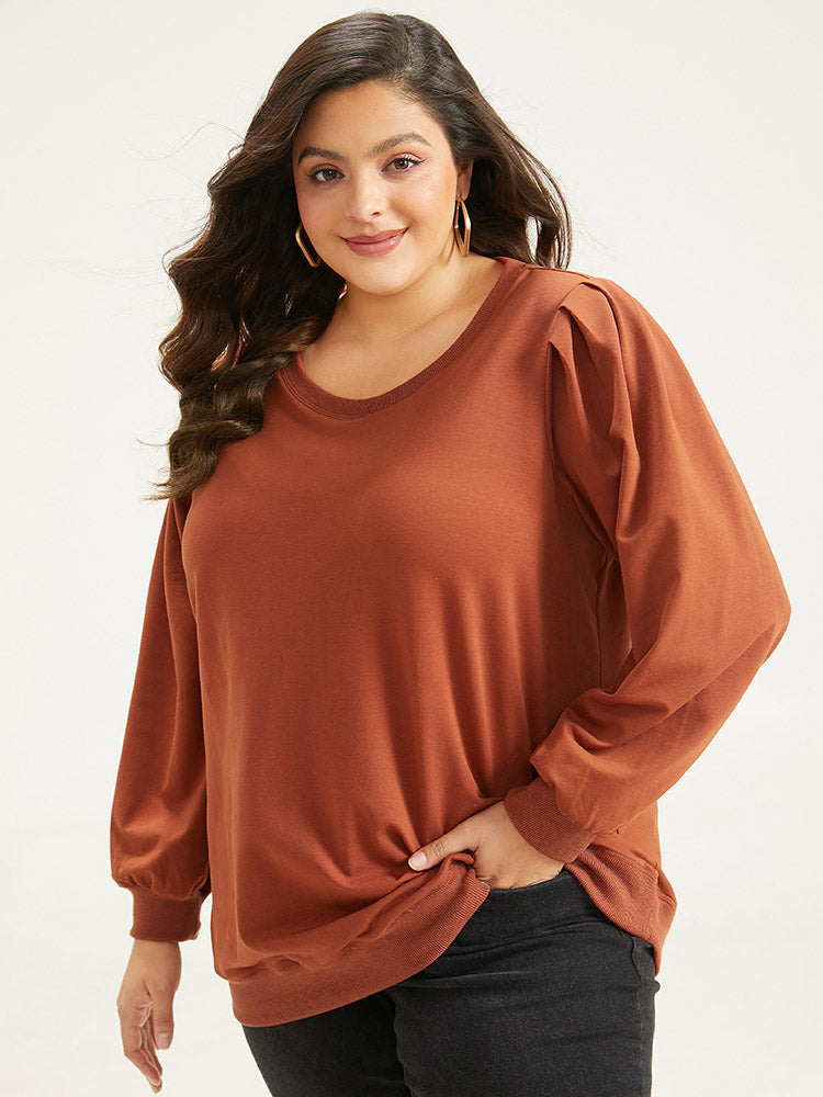 Solid Pleated Detail Elastic Cuffs Sweatshirt