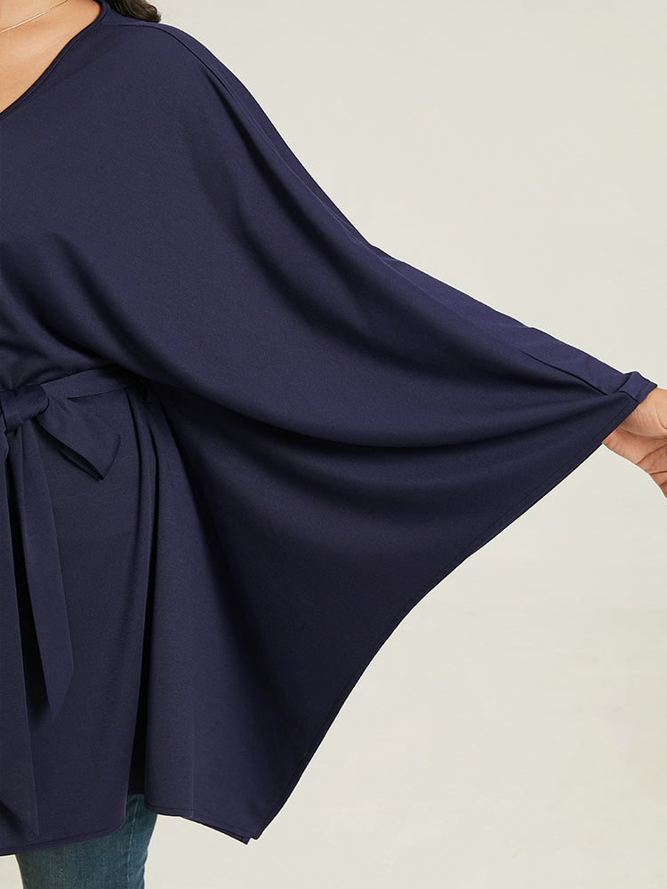 Plain Drape  Surplice Neck Belted Kimono