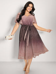 Color Gradient Pockets Belted Midi Dress