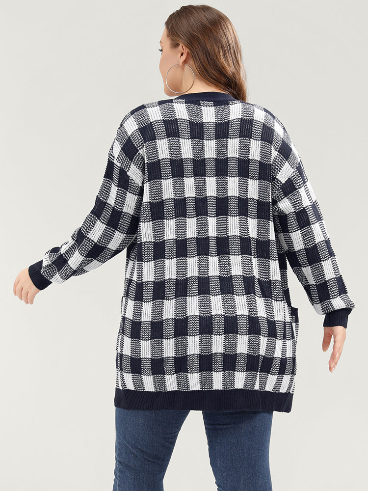 Plaid Pointelle Knit Pocket Button Front Cardigan