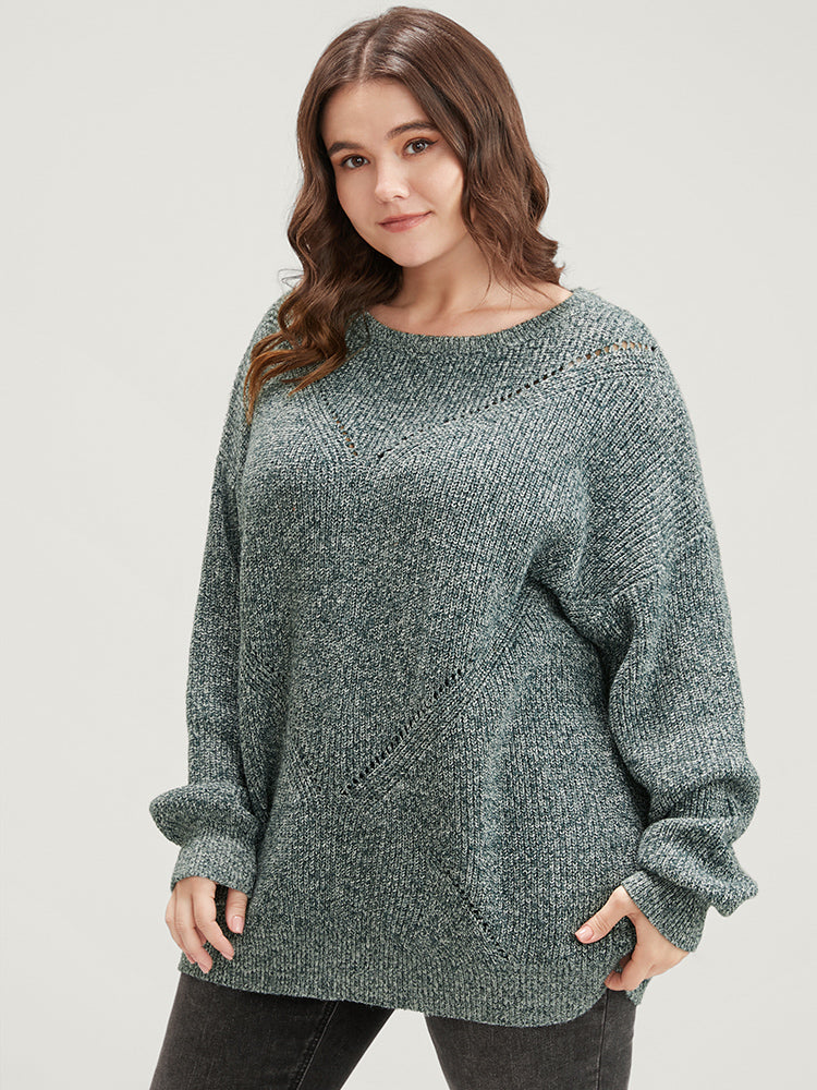 Solid Pointelle Knit Round Neck Cut Out Heather Knit Top