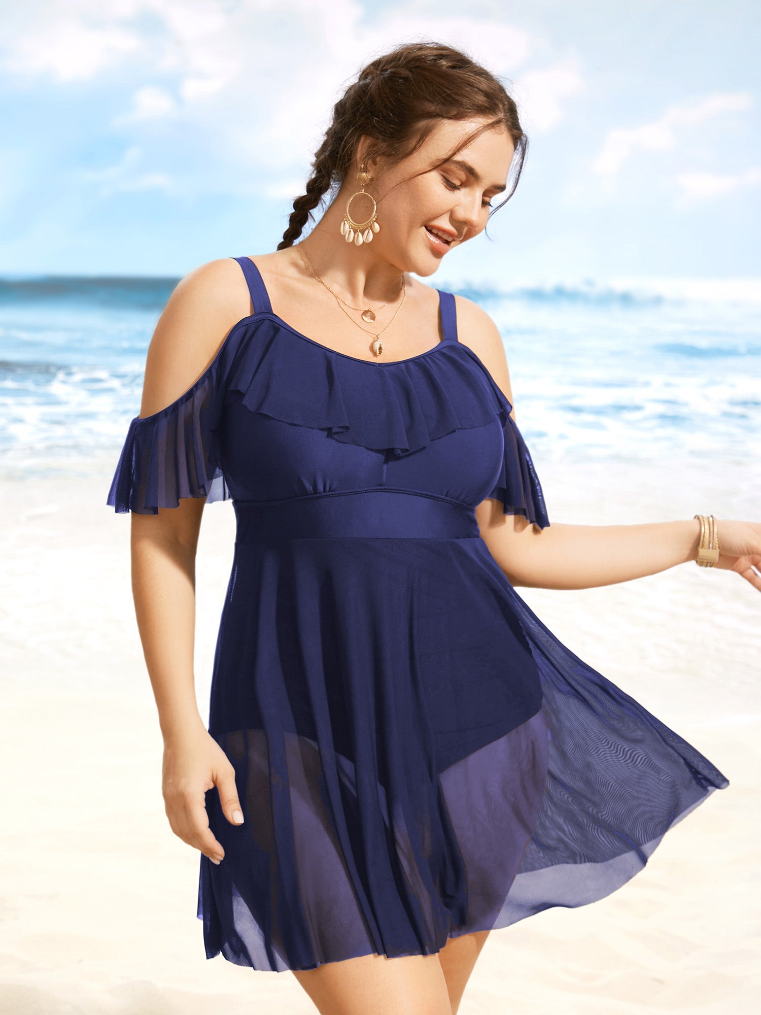 Solid Ruffle Trim Patchwork Mesh Swim Dress